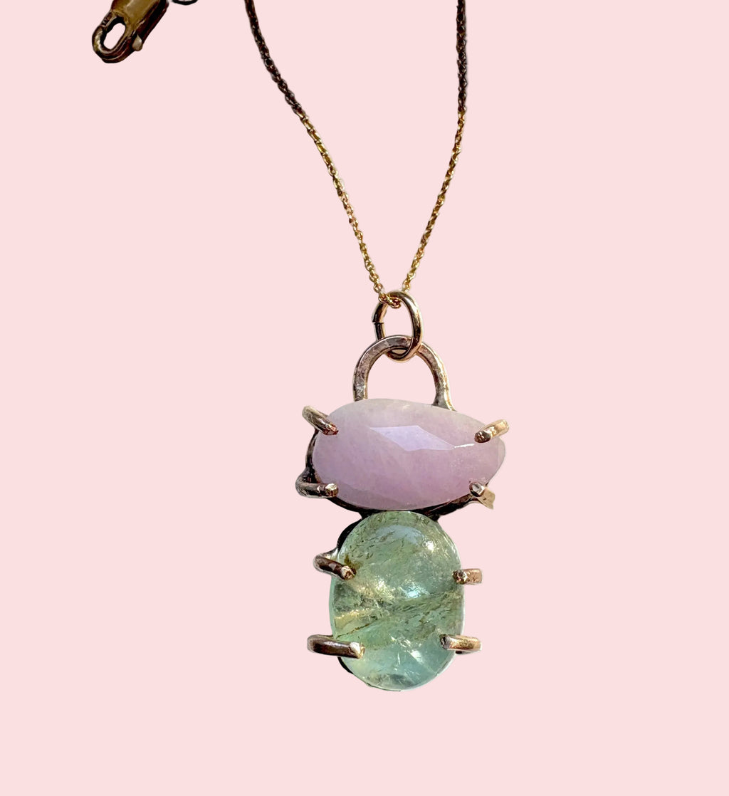 Pink Kunzite and Emerald Pendant