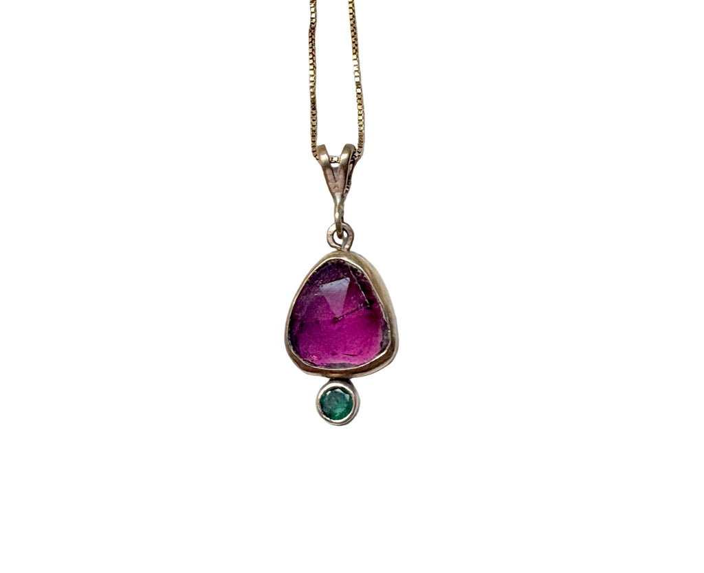 Pink and Green 14k Gold Pendant with tourmaline and emerald