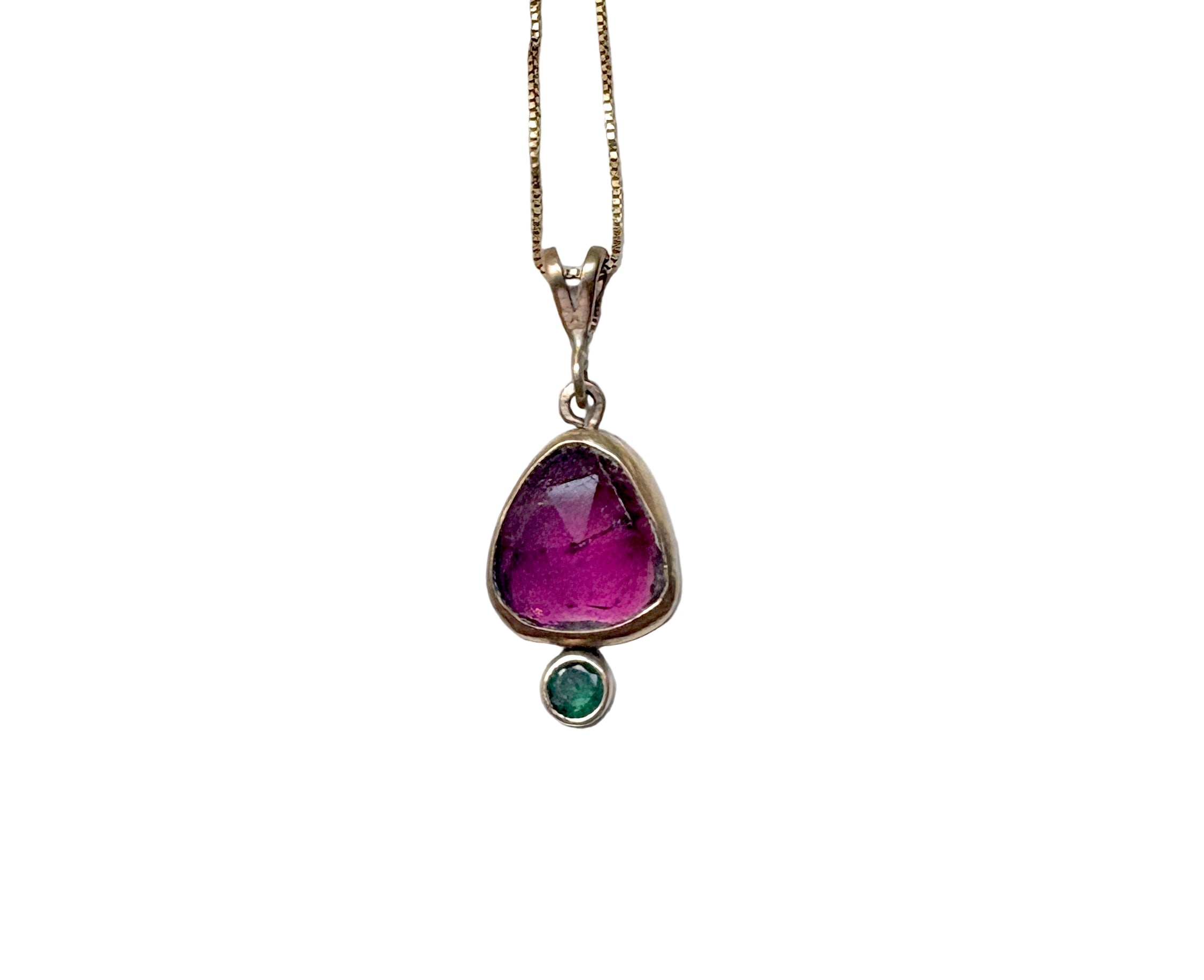 Pink and Green 14k Gold Pendant with tourmaline and emerald