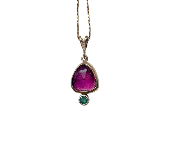Pink and Green 14k Gold Pendant with tourmaline and emerald