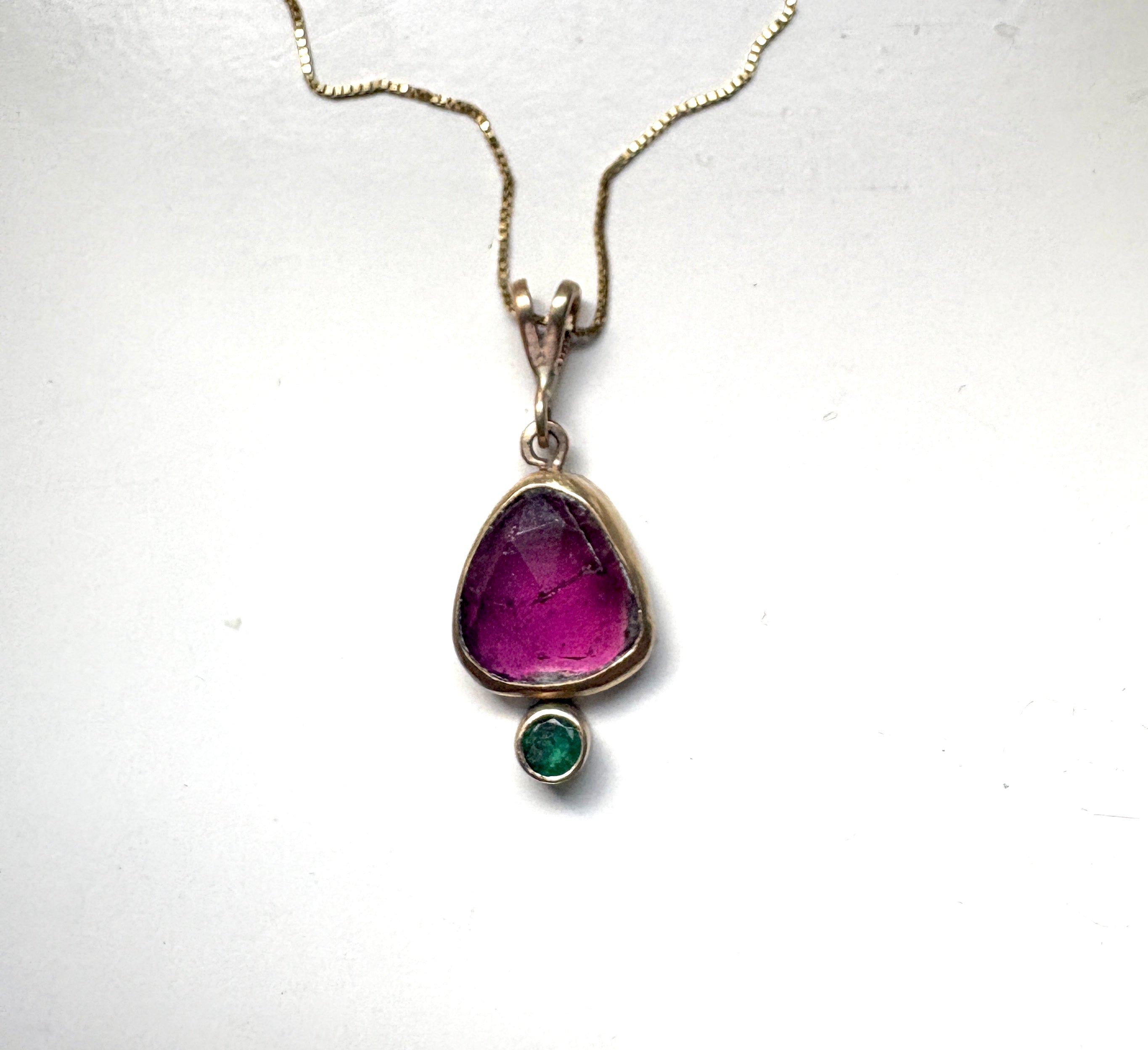 Pink and Green 14k Gold Pendant with tourmaline and emerald