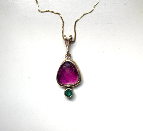 Pink and Green 14k Gold Pendant with tourmaline and emerald