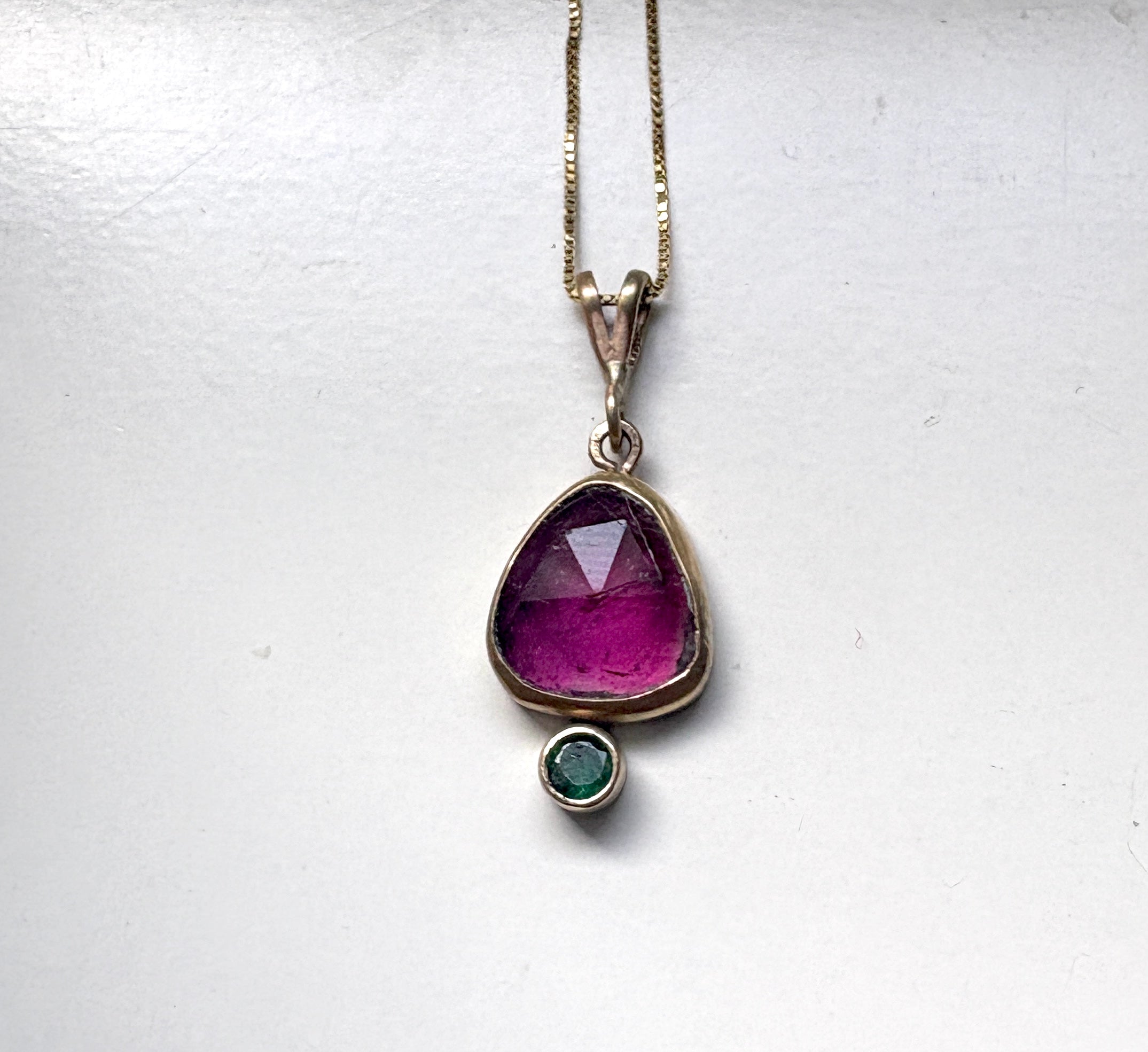 Pink and Green 14k Gold Pendant with tourmaline and emerald