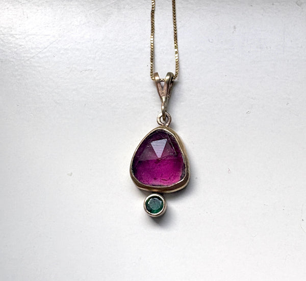Pink and Green 14k Gold Pendant with tourmaline and emerald