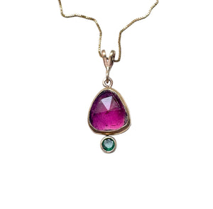 Pink and Green 14k Gold Pendant with tourmaline and emerald