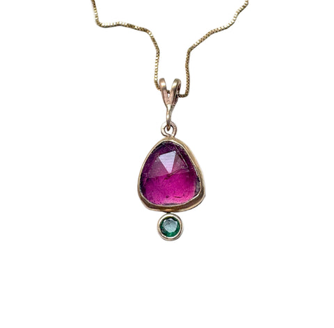 Pink and Green 14k Gold Pendant with tourmaline and emerald