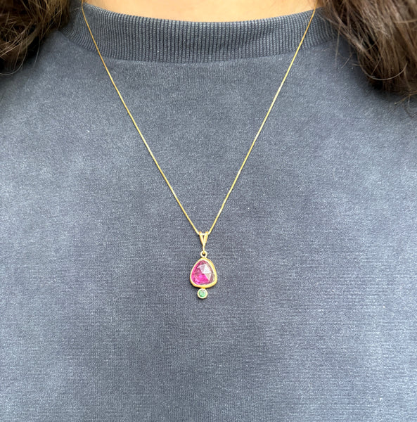 Pink and Green 14k Gold Pendant with tourmaline and emerald