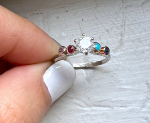 Half carat diamond rainbow wiggle ring in 14k white and yellow gold vintage setting reclaimed diamond ruby turquoise sapphire one of a kind