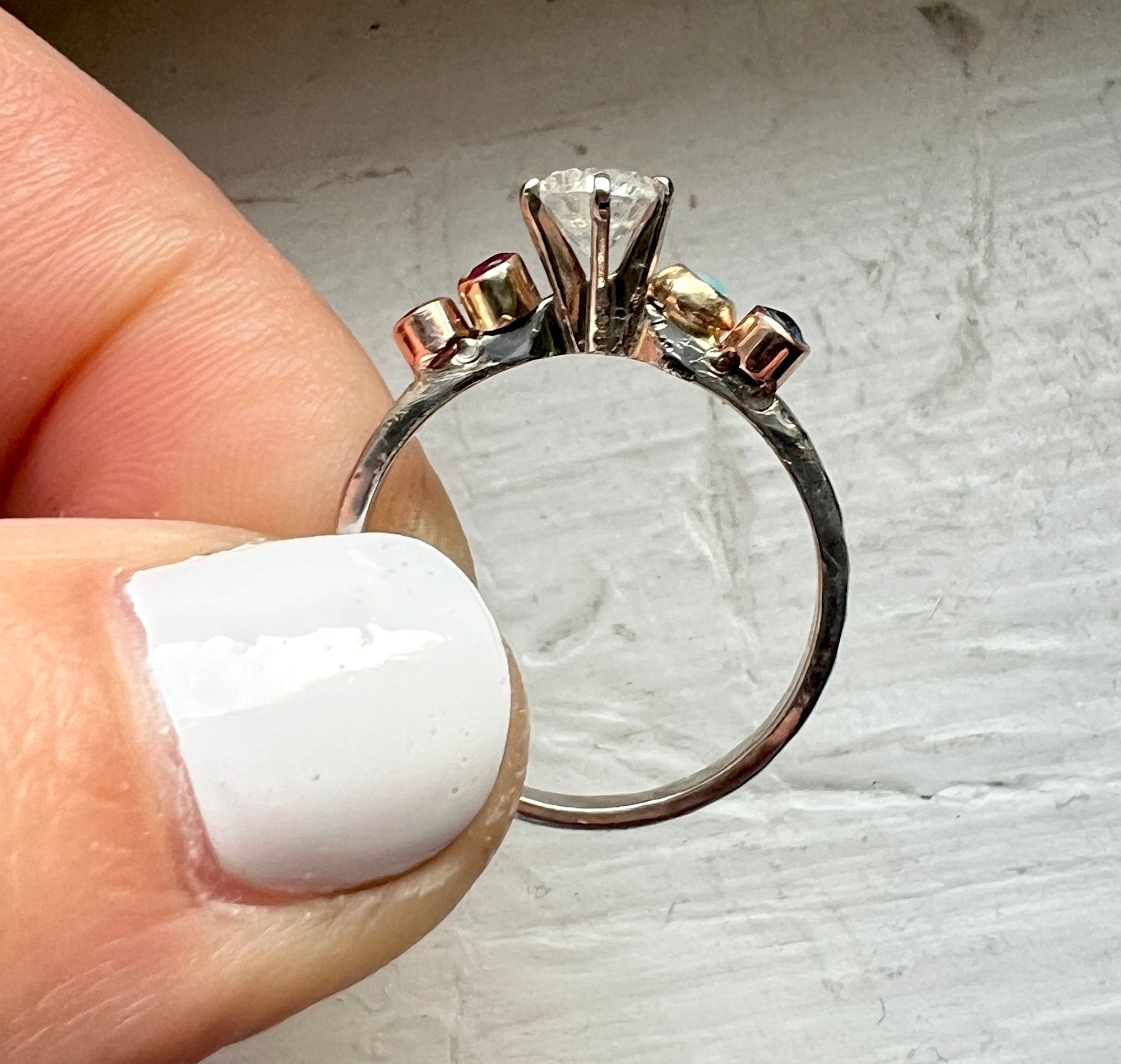 Half carat diamond rainbow wiggle ring in 14k white and yellow gold vintage setting reclaimed diamond ruby turquoise sapphire one of a kind