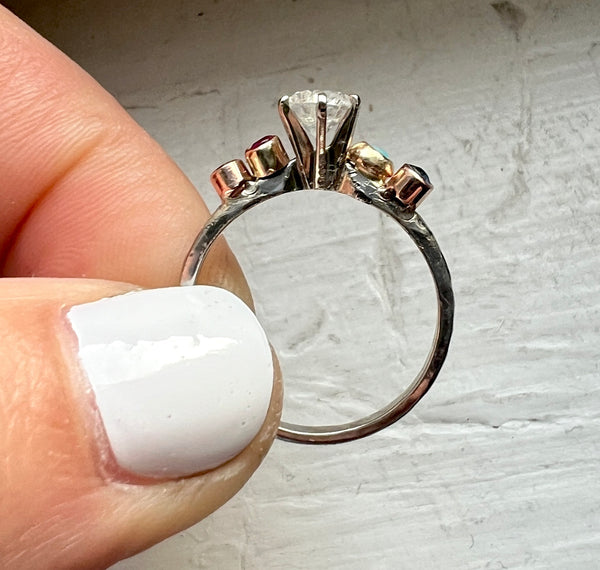 Half carat diamond rainbow wiggle ring in 14k white and yellow gold vintage setting reclaimed diamond ruby turquoise sapphire one of a kind