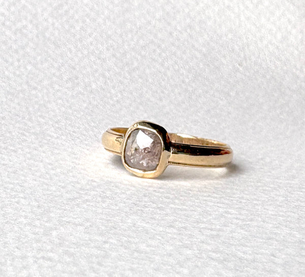 Gray Rosecut Diamond Ring on wide vintage band Handmade Bezel Engagement Ring