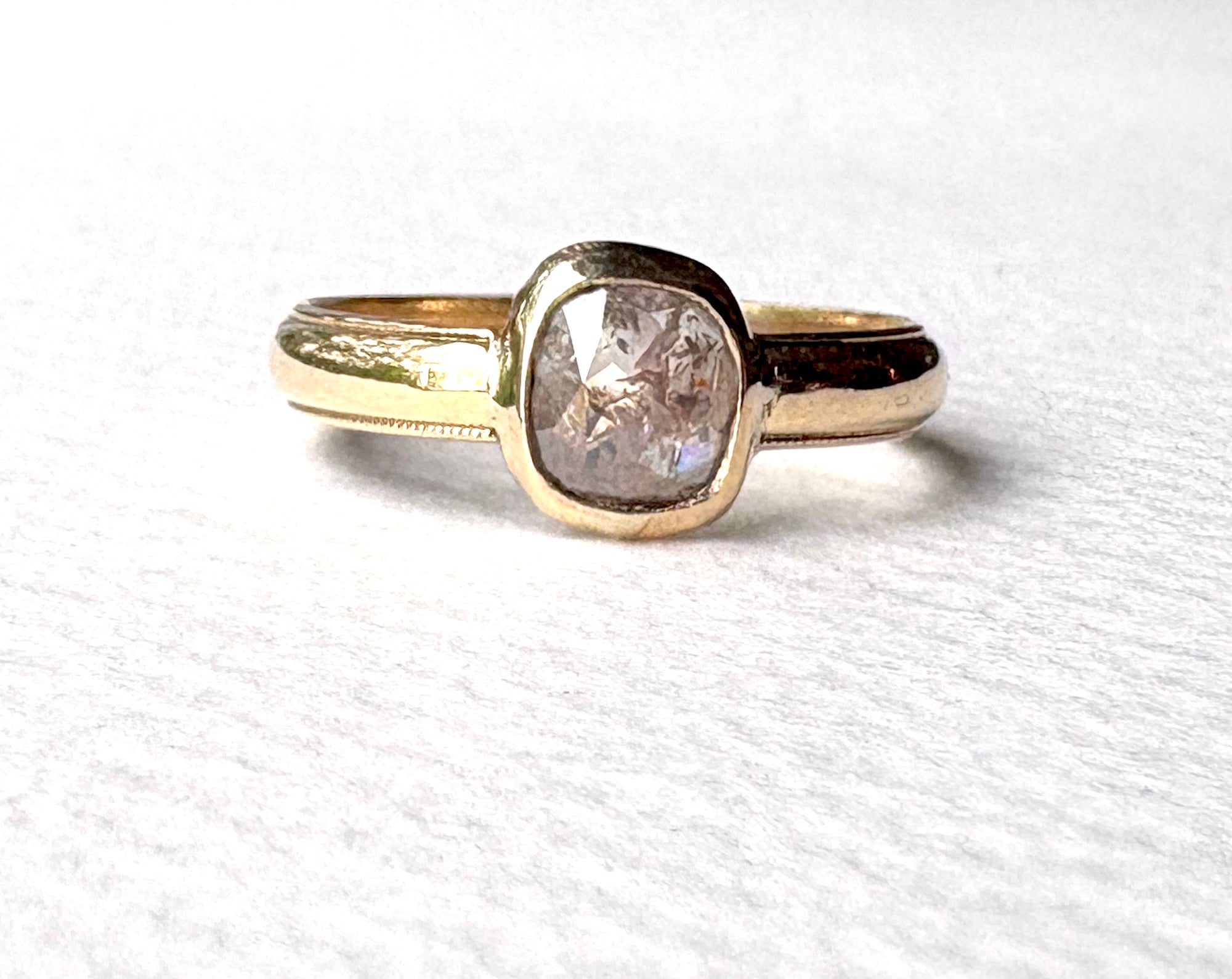 Gray Rosecut Diamond Ring on wide vintage band Handmade Bezel Engagement Ring
