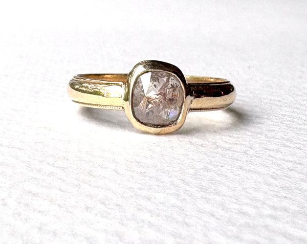 Gray Rosecut Diamond Ring on wide vintage band Handmade Bezel Engagement Ring