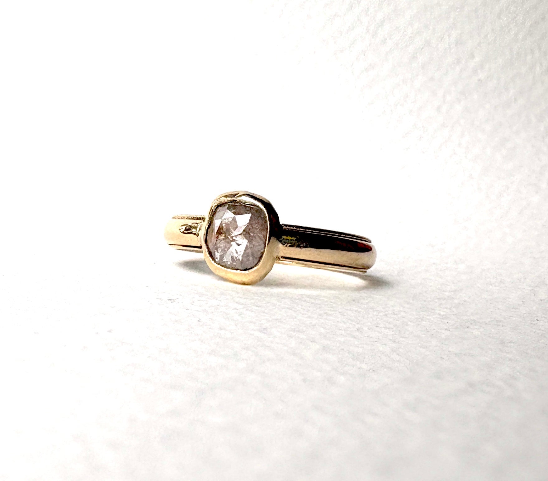 Gray Rosecut Diamond Ring on wide vintage band Handmade Bezel Engagement Ring