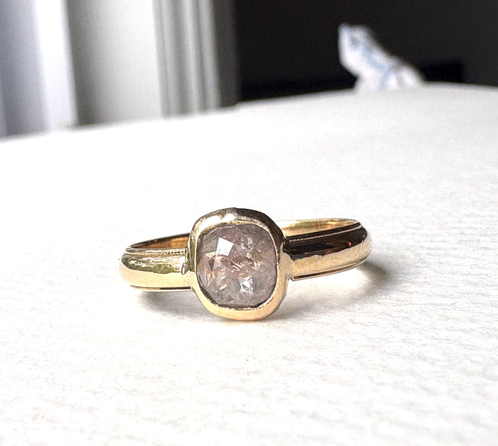 Gray Rosecut Diamond Ring on wide vintage band Handmade Bezel Engagement Ring