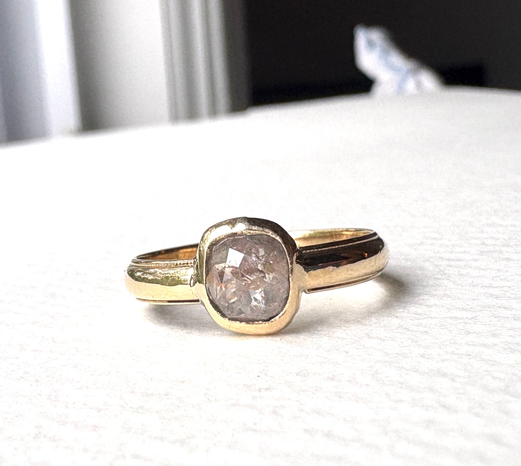 Gray Rosecut Diamond Ring on wide vintage band Handmade Bezel Engagement Ring