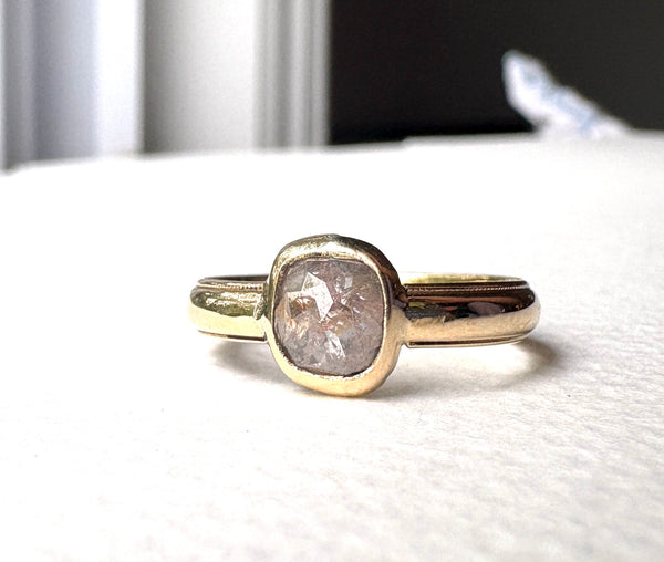 Gray Rosecut Diamond Ring on wide vintage band Handmade Bezel Engagement Ring