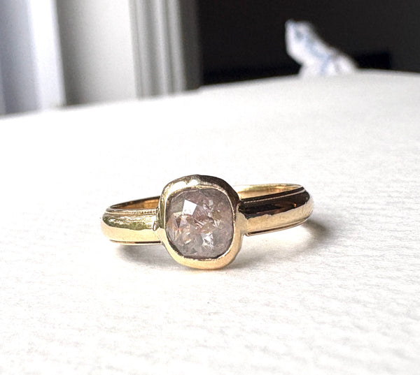Gray Rosecut Diamond Ring on wide vintage band Handmade Bezel Engagement Ring