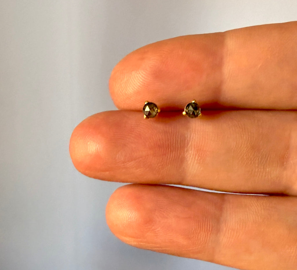 3mm Rose Cut Salt and Pepper Diamond Studs in 14k Gold