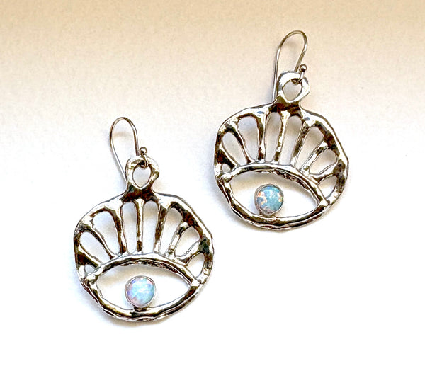 Opal Sun Rise Evil Eye Dangle Earrings in Silver or Gold
