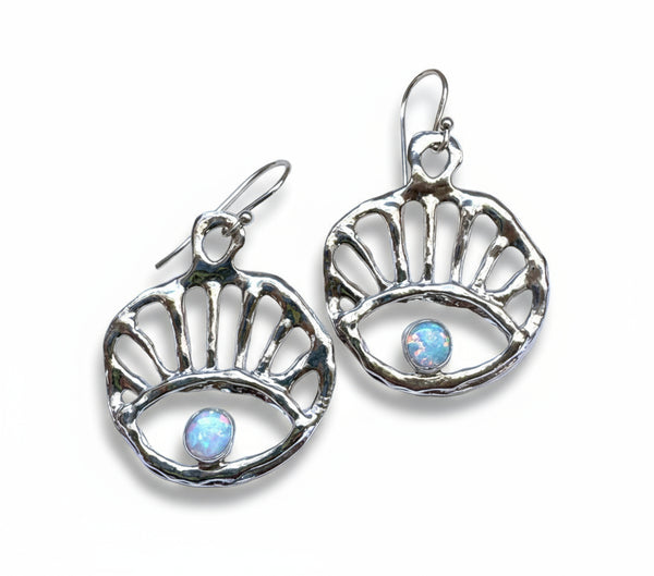 Opal Sun Rise Evil Eye Dangle Earrings in Silver or Gold