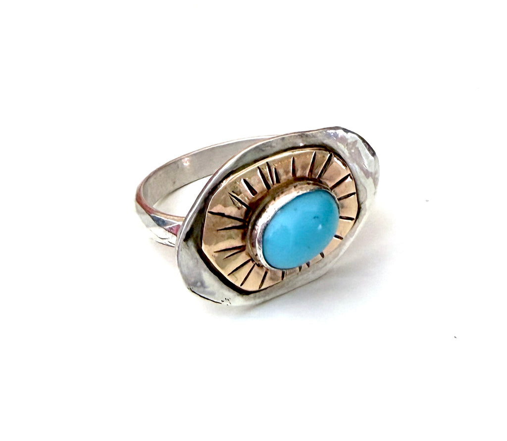 Topographic 2: Sterling and 14k Goldfilled Ring with vintage turquoise glass