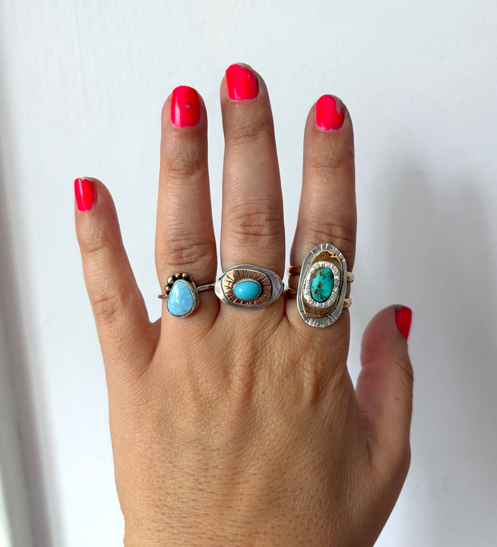 Topographic 2: Sterling and 14k Goldfilled Ring with vintage turquoise glass