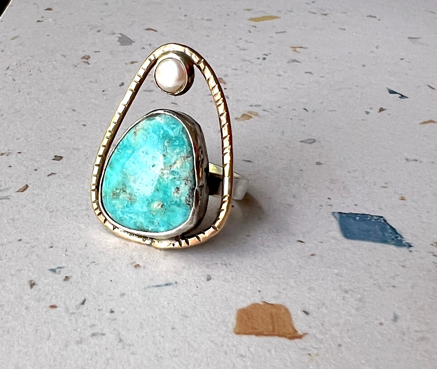 Turquoise and Pearl Handmade Cocktail Ring