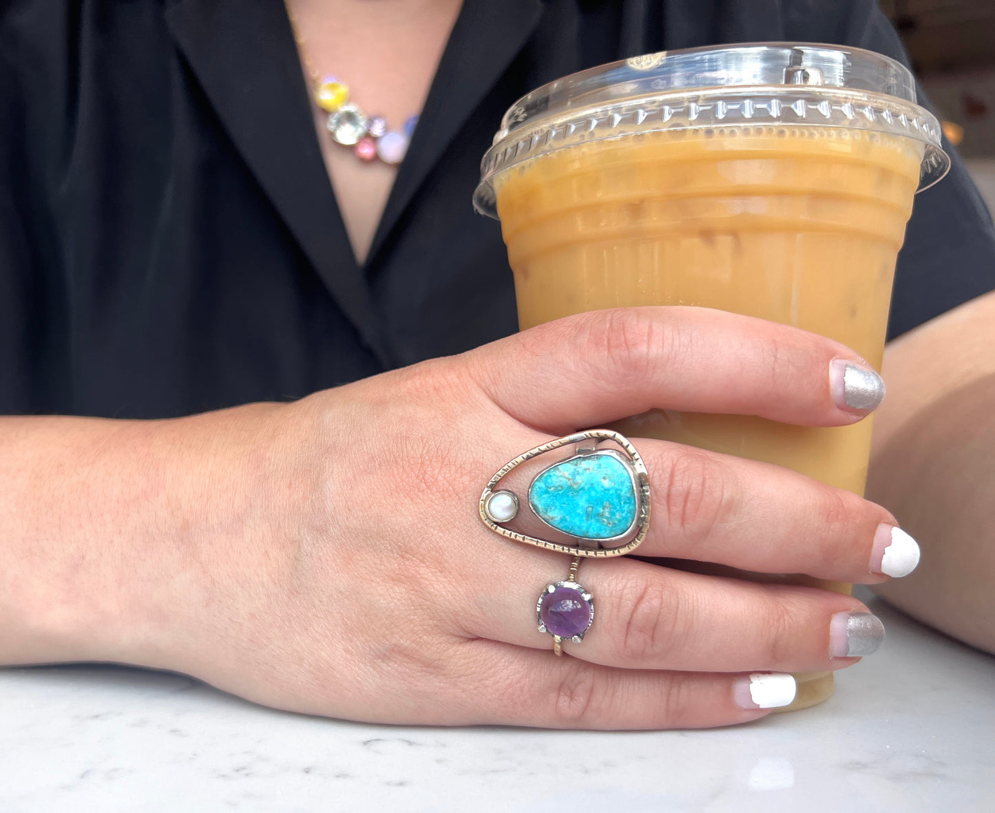 Turquoise and Pearl Handmade Cocktail Ring