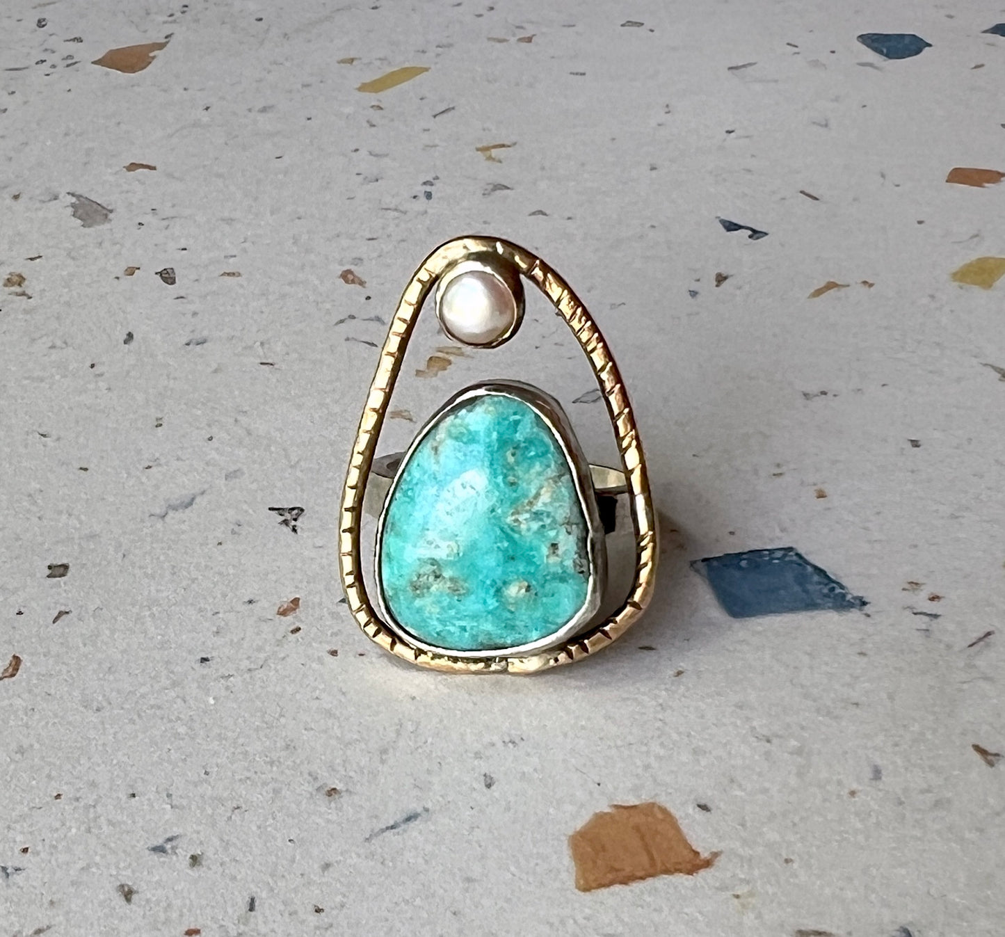 Turquoise and Pearl Handmade Cocktail Ring