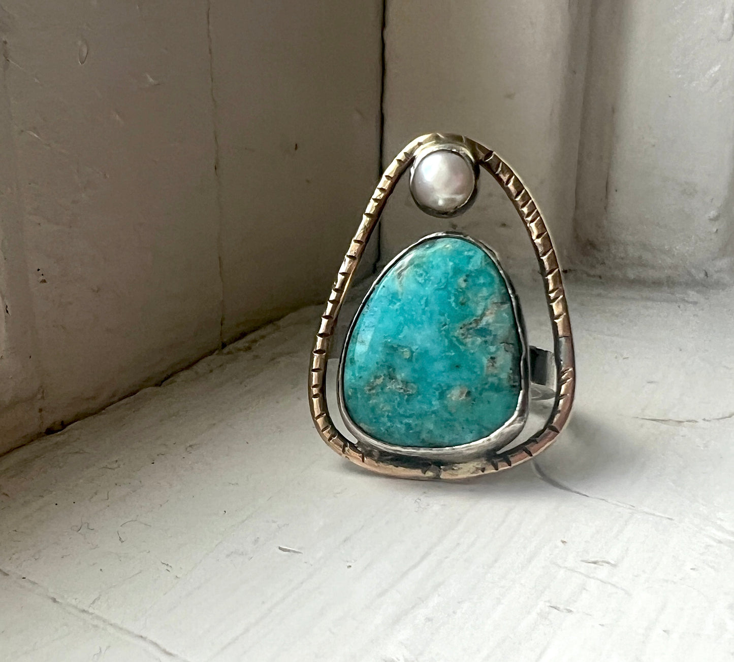 Turquoise and Pearl Handmade Cocktail Ring