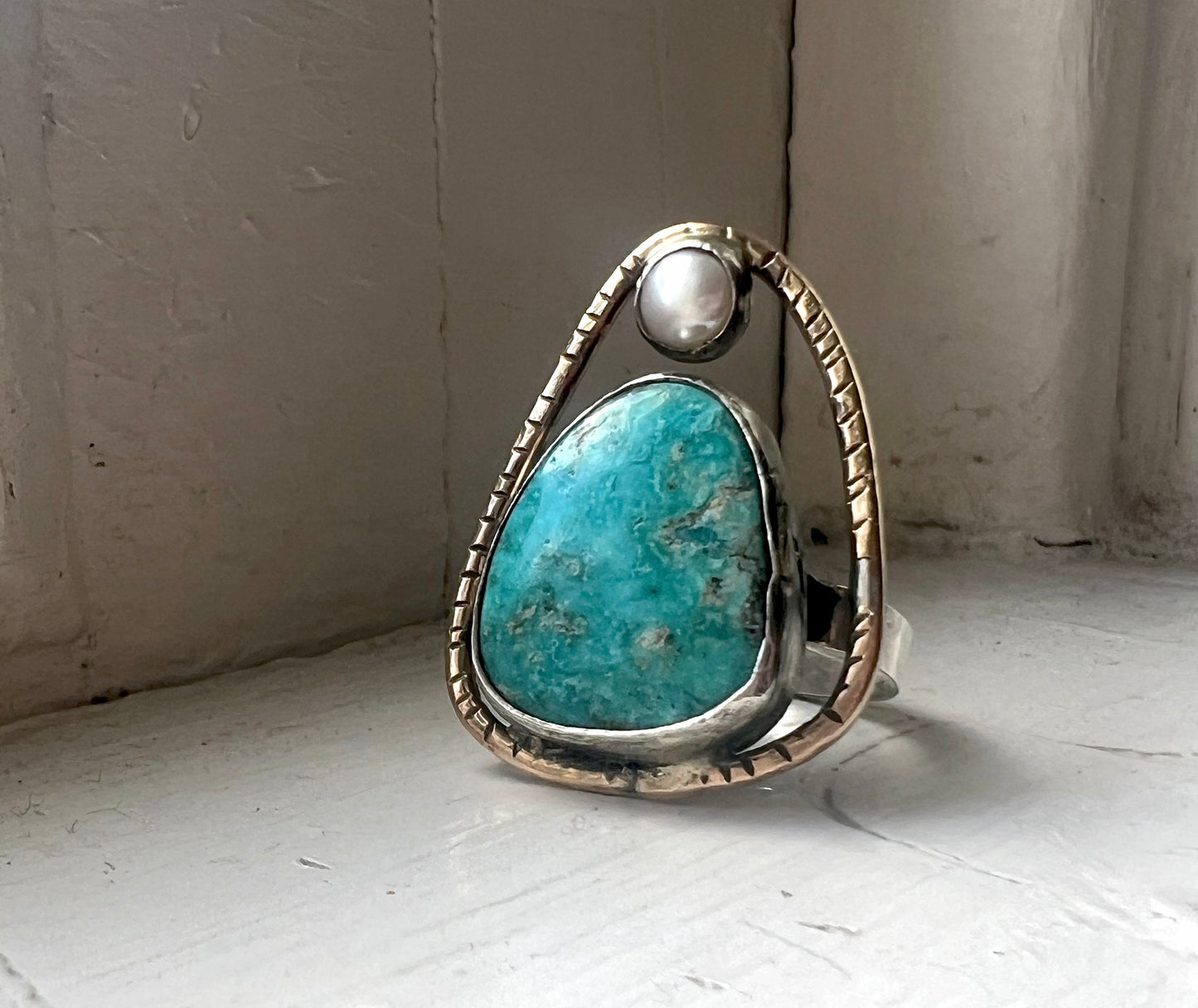 Turquoise and Pearl Handmade Cocktail Ring