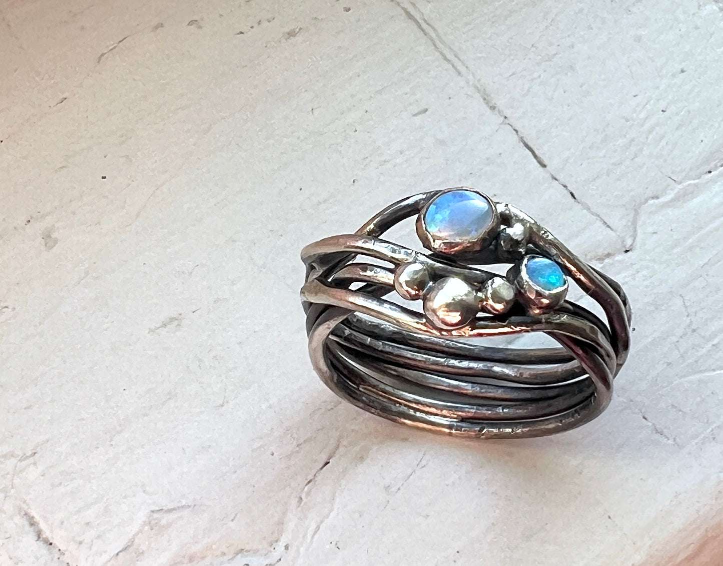 Twisted Forest Sterling Silver Nest Ring with two australian opals in sterling silver nest ring funky one of a kind nest ring