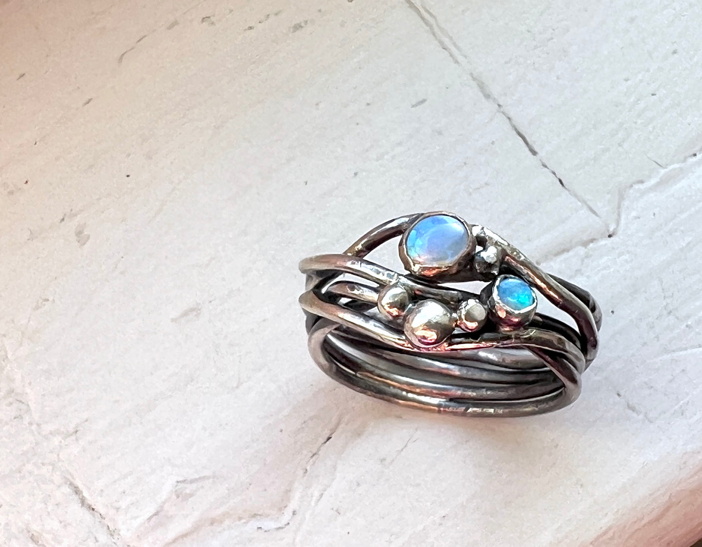 Twisted Forest Sterling Silver Nest Ring with two australian opals in sterling silver nest ring funky one of a kind nest ring