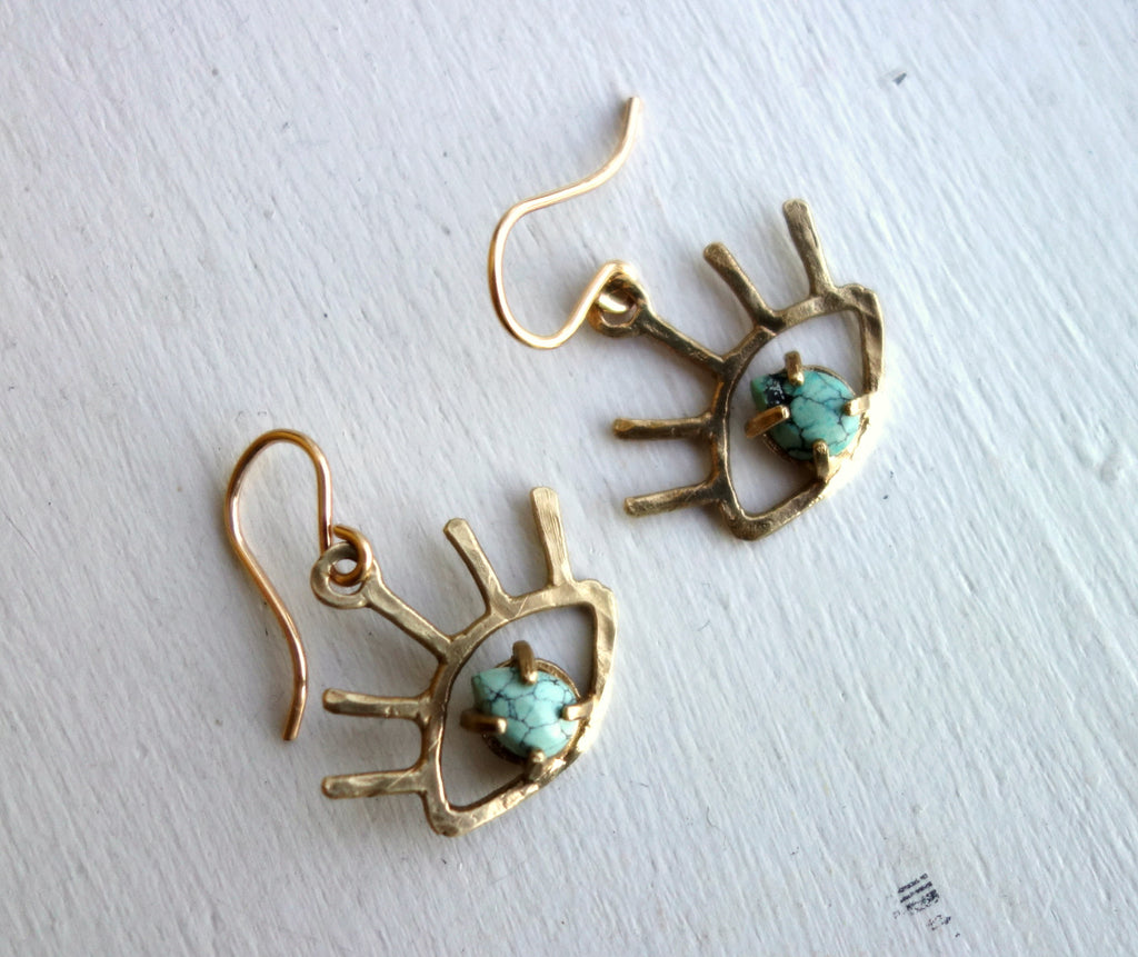 Gold Beholder Eye Earrings with Turquoise