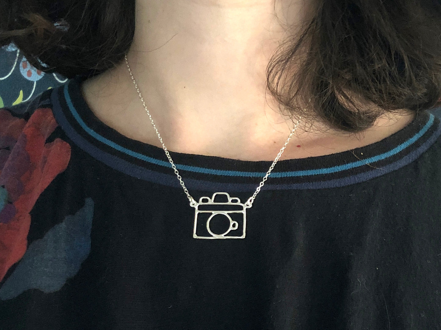 mini silver camera necklace