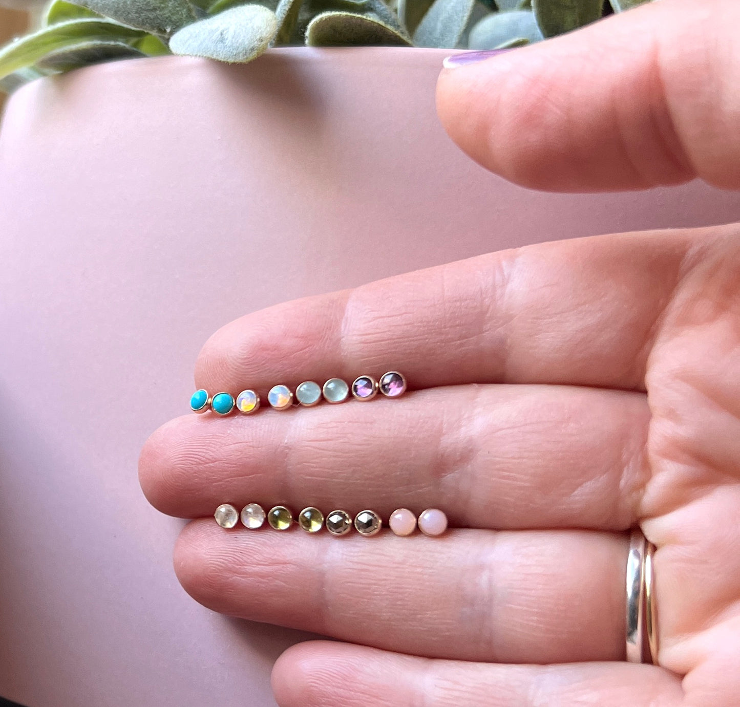 Tiny gemstone studs in 14k goldfill with opals, turquoise, moonstone, aquamarine, peridot, pyrite, amethyst
