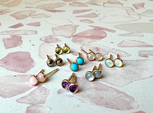 Tiny gemstone studs in 14k goldfill with opals, turquoise, moonstone, aquamarine, peridot, pyrite, amethyst