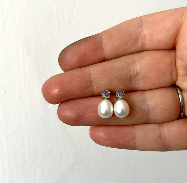 Aquamarine and Pearl Studs