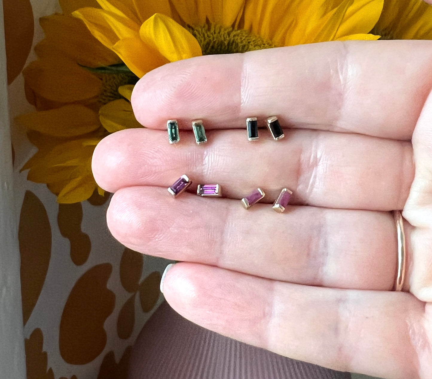 Confetti Studs Tiny 14k Gold Baguette Studs- fair trade ruby, black spinel, seafoam tourmaline, grape garnet