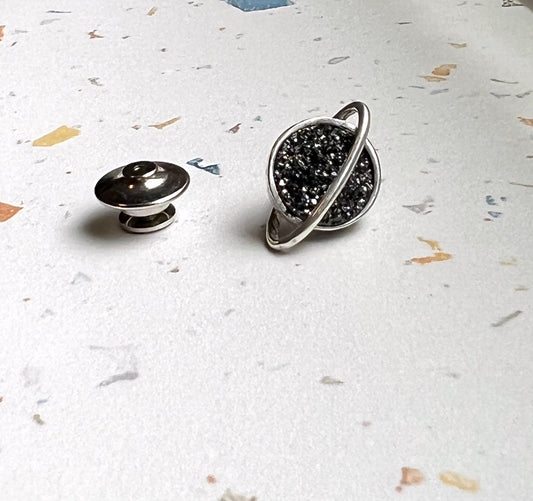 Sterling Silver Saturn Tie Tack with black drusy