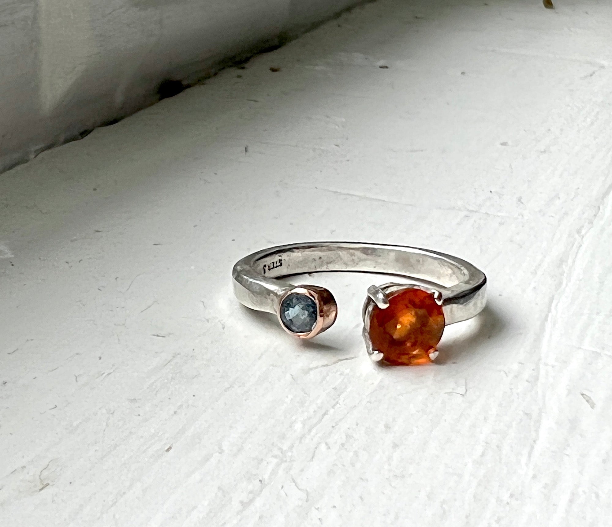 Mexican Fire Opal and Blue Diamond Toi Et Mio Double Stone Ring