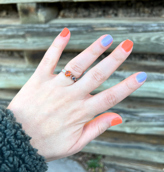 Mexican Fire Opal and Blue Diamond Toi Et Mio Double Stone Ring