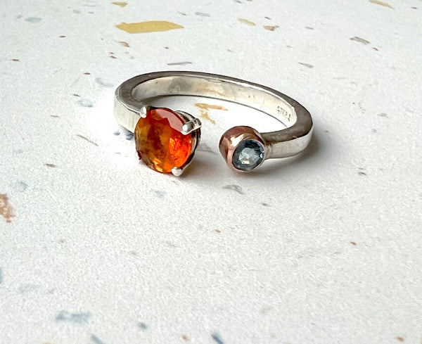 Mexican Fire Opal and Blue Diamond Toi Et Mio Double Stone Ring