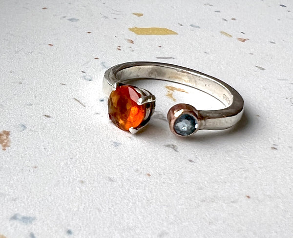 Mexican Fire Opal and Blue Diamond Toi Et Mio Double Stone Ring