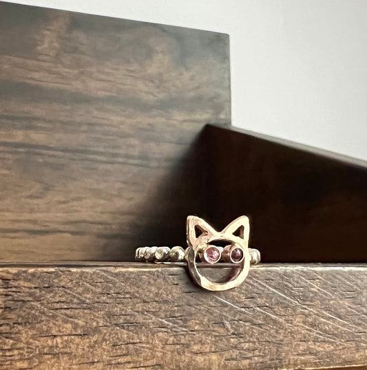 Gold Cat Ring with Pink Tourmaline Eyes