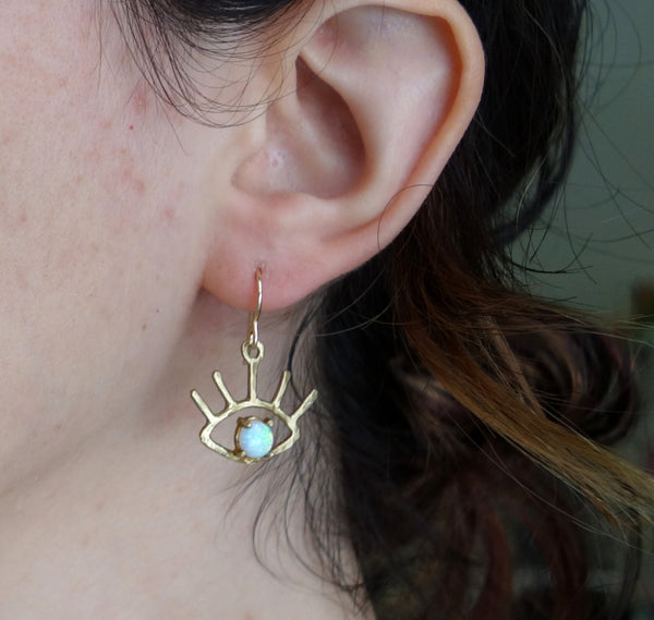 The Beholder Earrings: Gold and Opal Eye Earring Dangle Drops