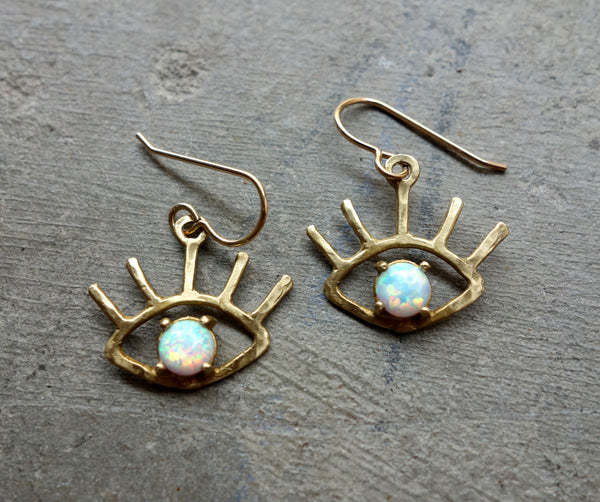 The Beholder Earrings: Gold and Opal Eye Earring Dangle Drops