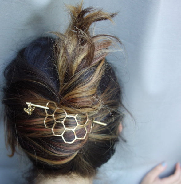 Large Brass Honeycomb Handmade Hair Bun Slide Pin with Dangling Bee Hair Twist Bun Pin