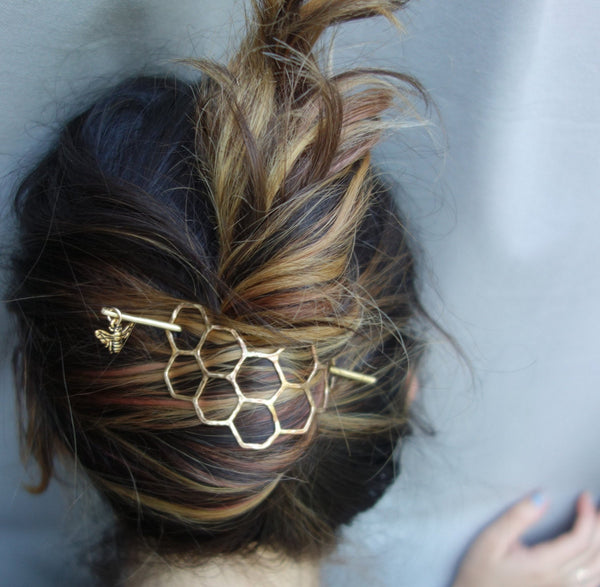 Large Brass Honeycomb Handmade Hair Bun Slide Pin with Dangling Bee Hair Twist Bun Pin